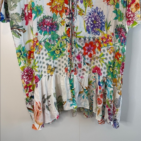 Johnny Was Gorgeous Pink and Blue Floral Kimono with Tie Front, Ruffles - Picture 8 of 11